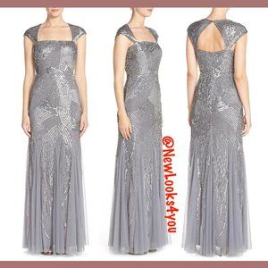 NEW Adrianna Papell Embellished Mesh Envelope‎ Gown in Silver Grey [SZ 4 ]